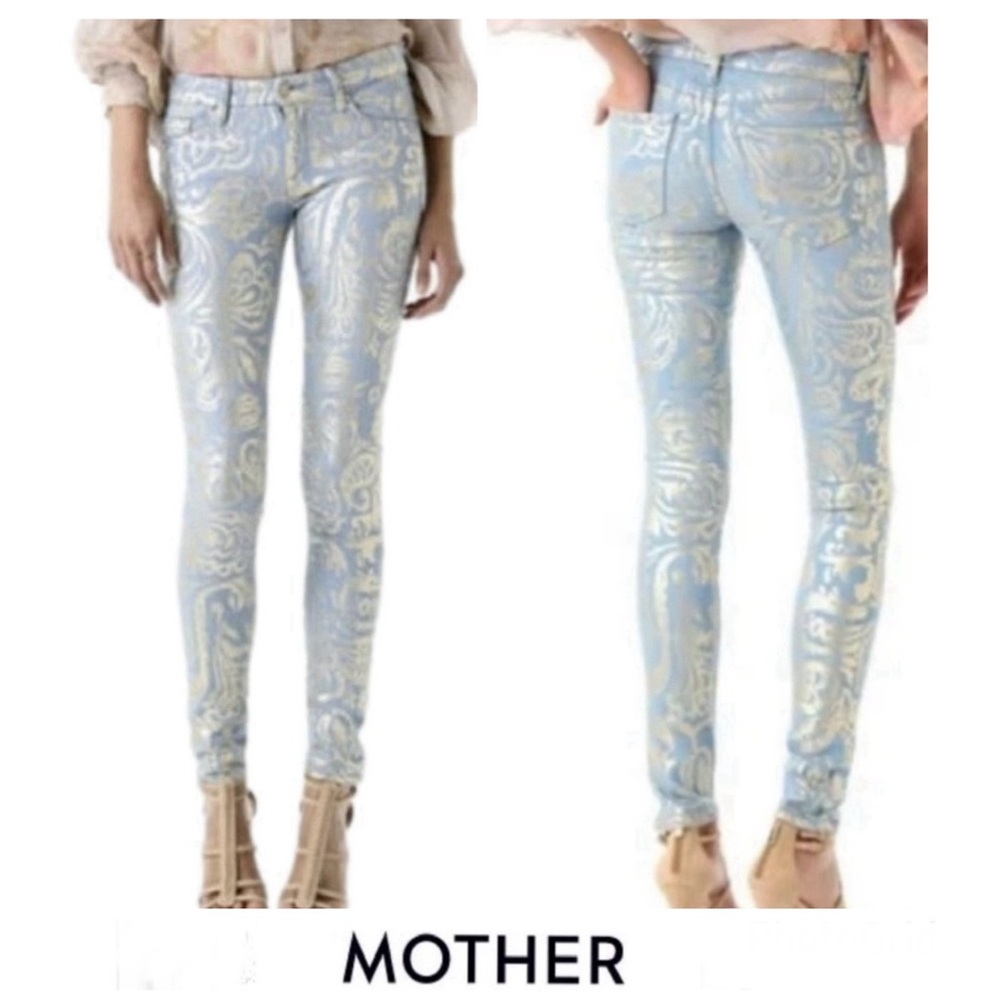 MOTHER THE LOOKER Gold Rush Baby Blue Stencil Long Skinny Denim Jeans Sz 26